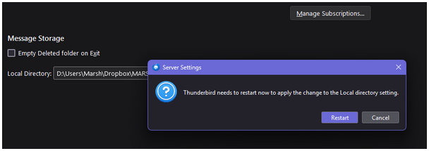 Screenshot 7 of 8, the prompt to restart Thunderbird